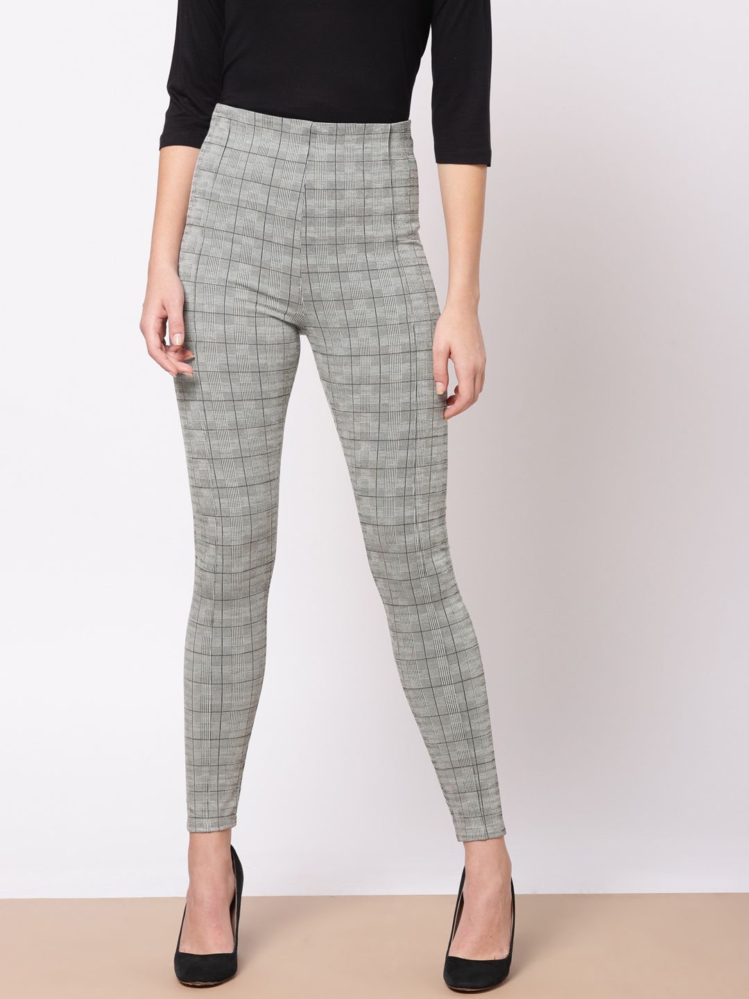 Ether Women Grey & Black Checked Treggings