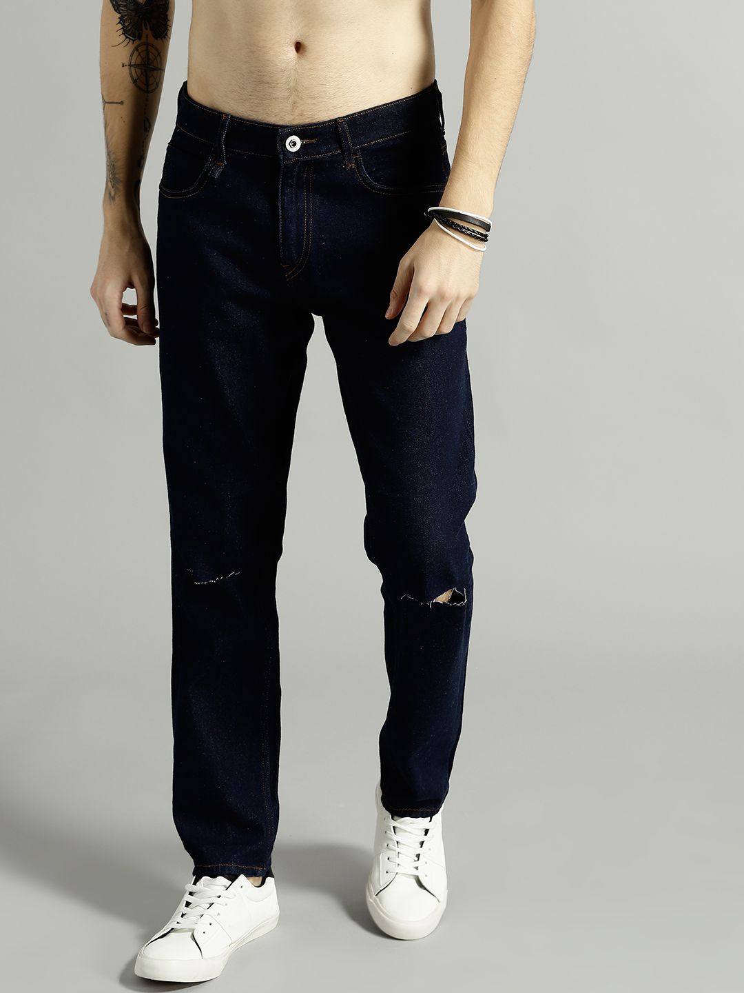 Roadster Men Navy Blue Slim Fit Mid-Rise Slash Knee Jeans