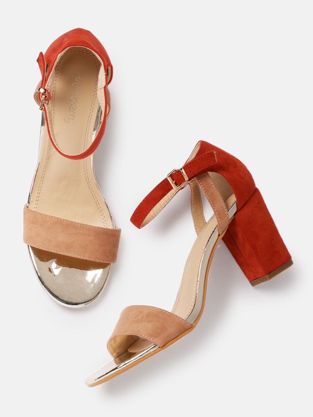 DressBerry Women Beige & Red Velvet Colourblocked Heels