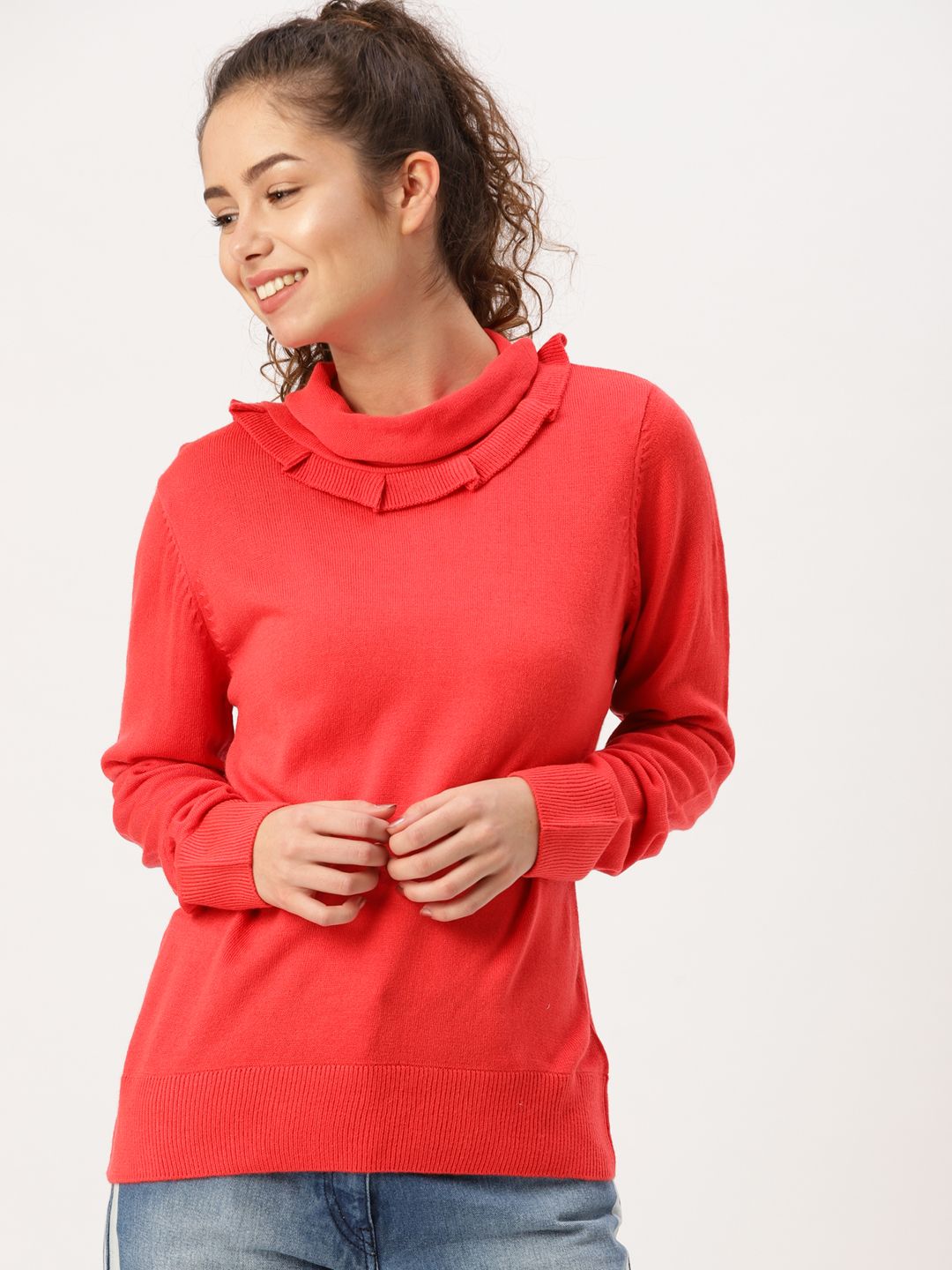 DressBerry Women Coral Red Solid Pullover