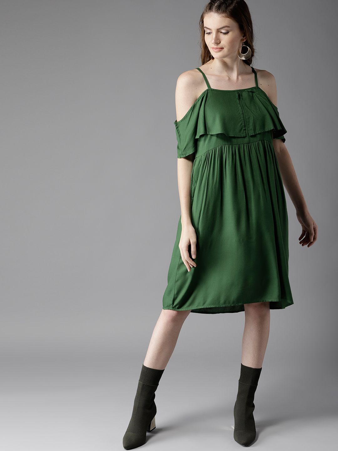 HERE&NOW Women Green Solid A-Line Dress
