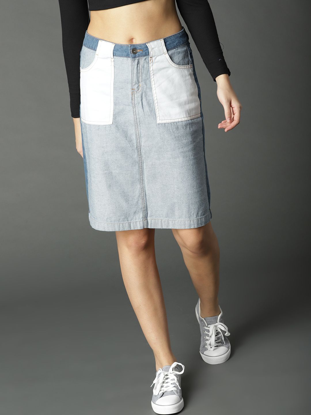 Roadster Women Blue Solid Denim Pure Cotton Skirt