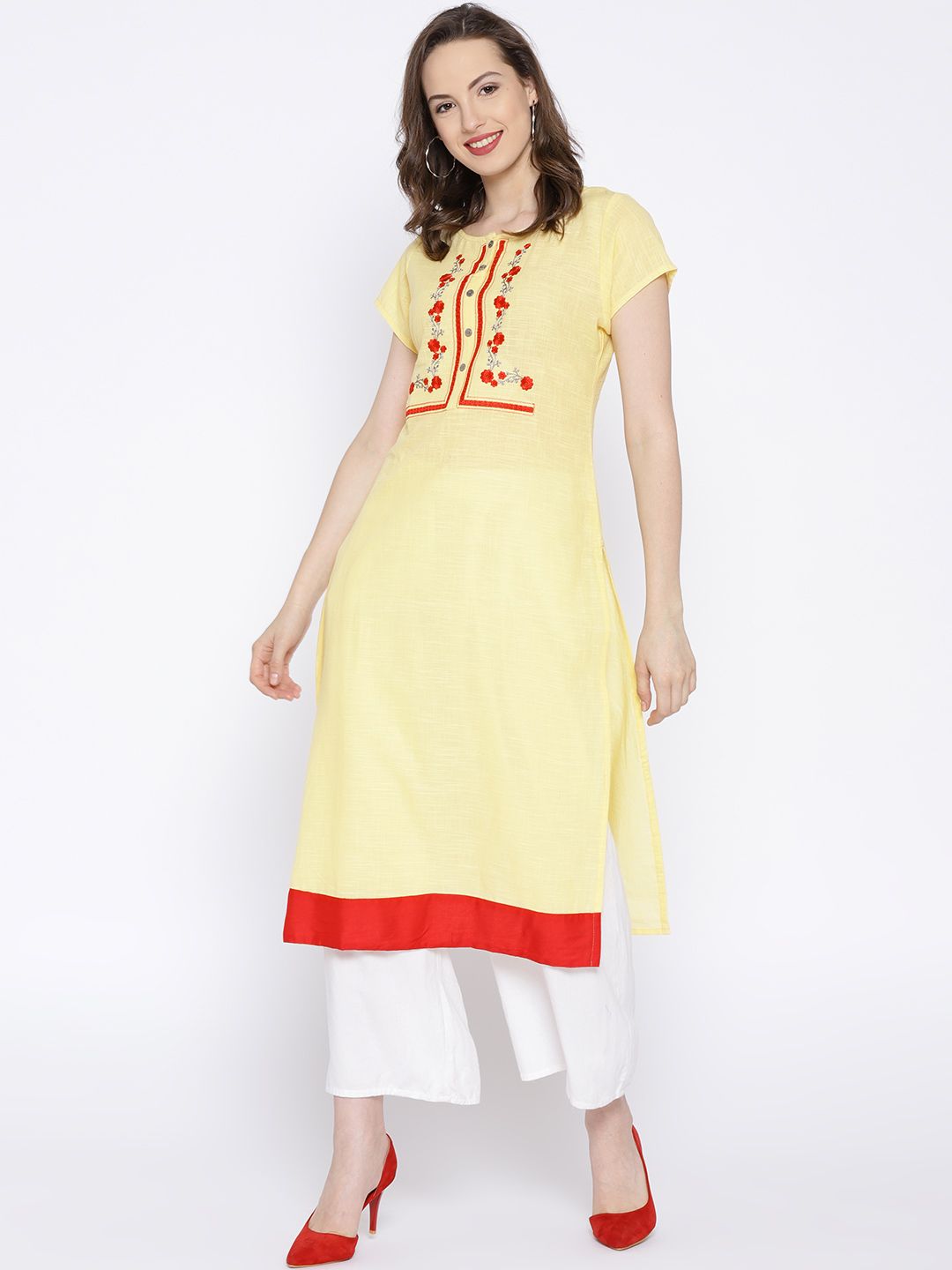 HERE&NOW Women Cream-Coloured Yoke Design Straight Kurta