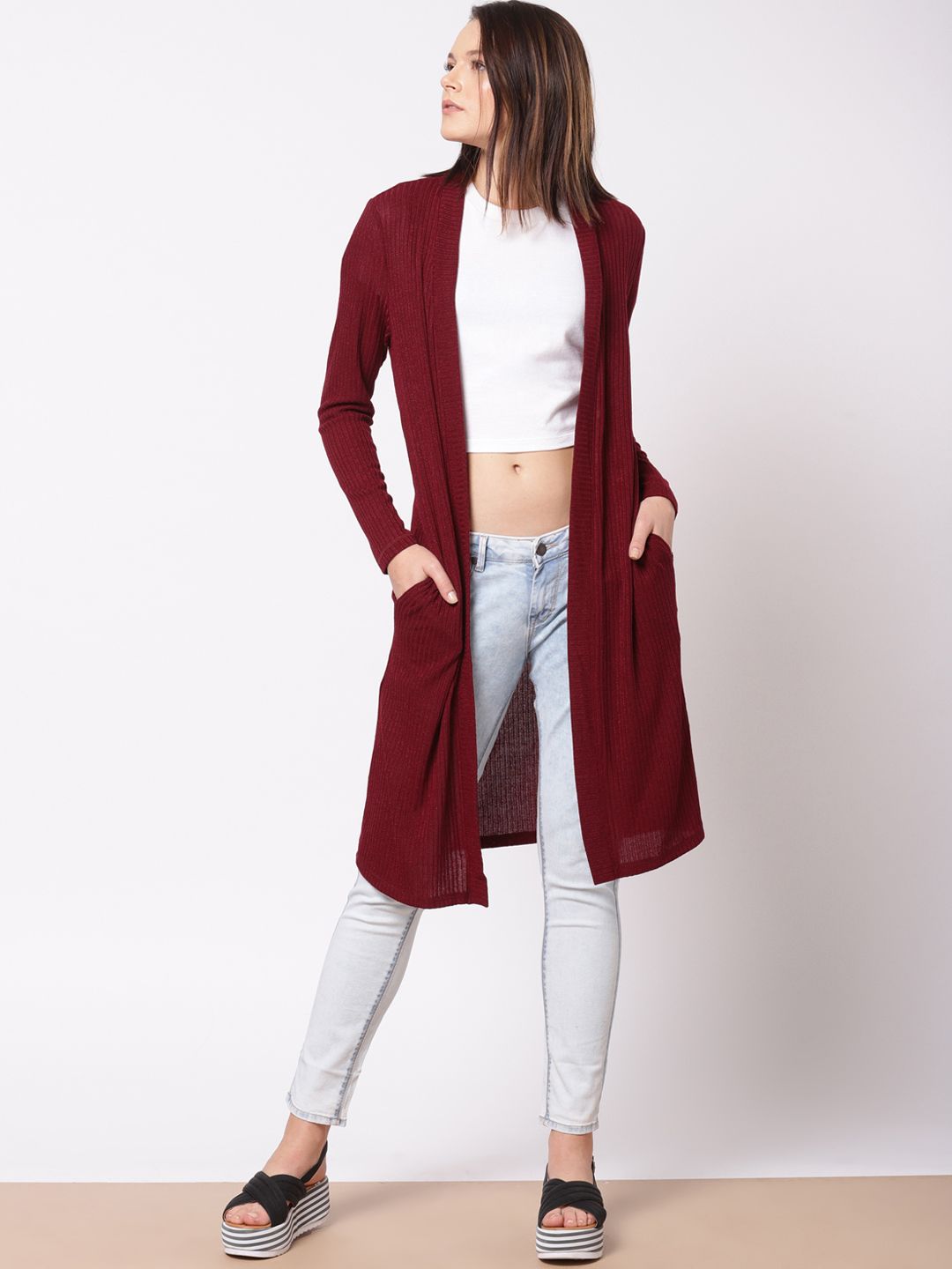 ether Maroon Striped Open Front Shrug