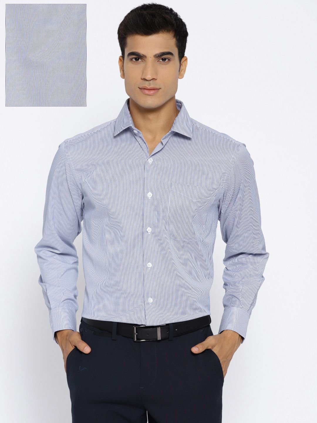 John Players Men White & Navy Blue Regular Fit Striped Formal Shirt
