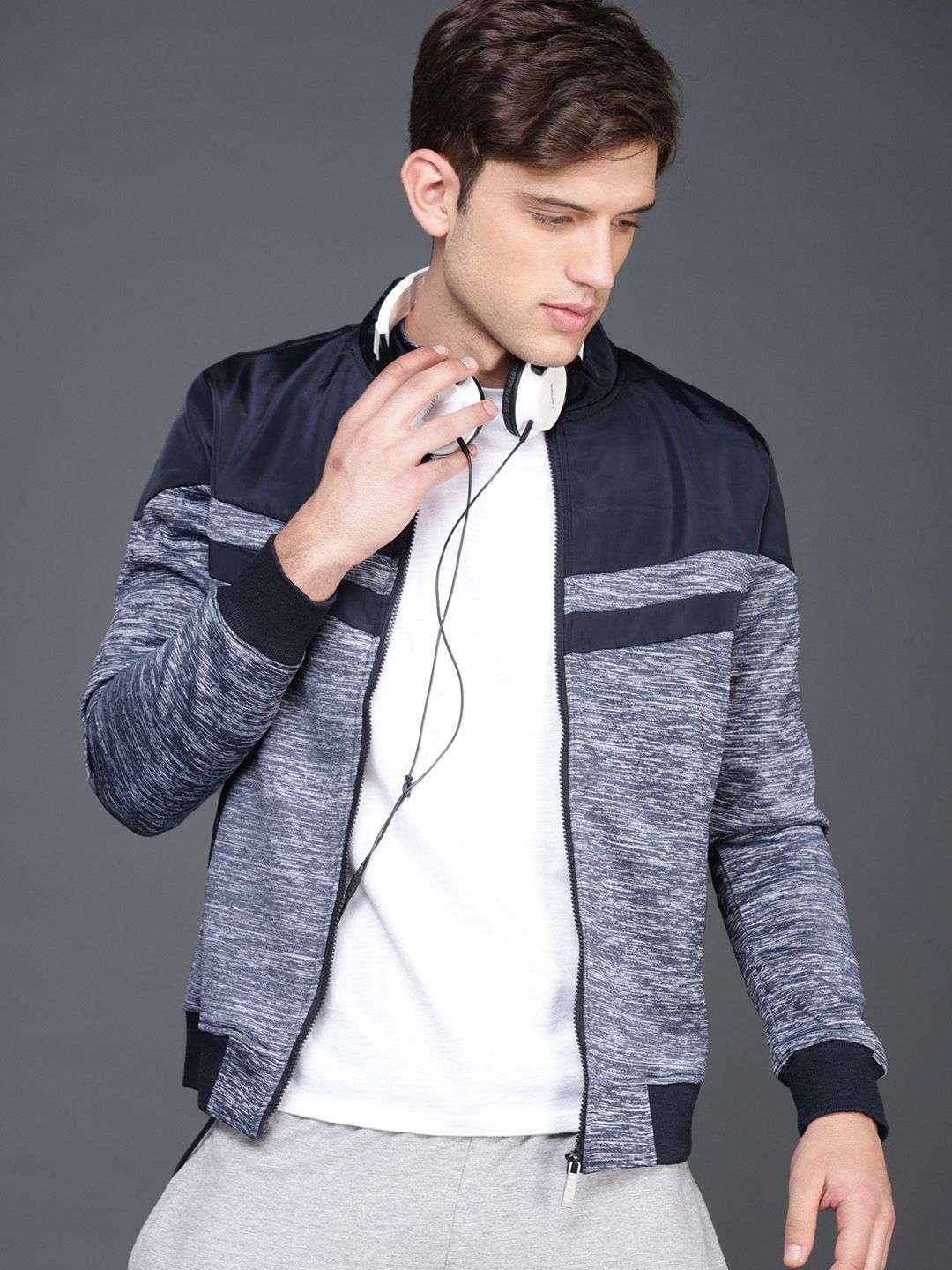 WROGN Men Navy Blue Colourblocked Bomber