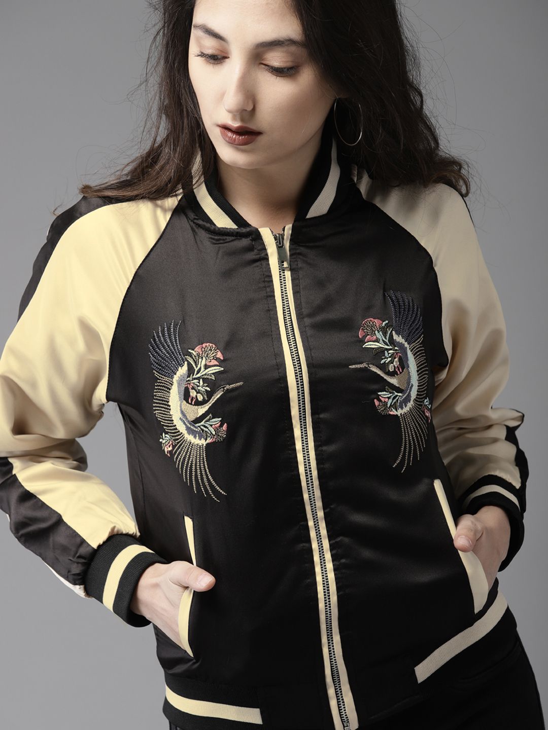 HERE&NOW Women Black Colourblocked Bomber