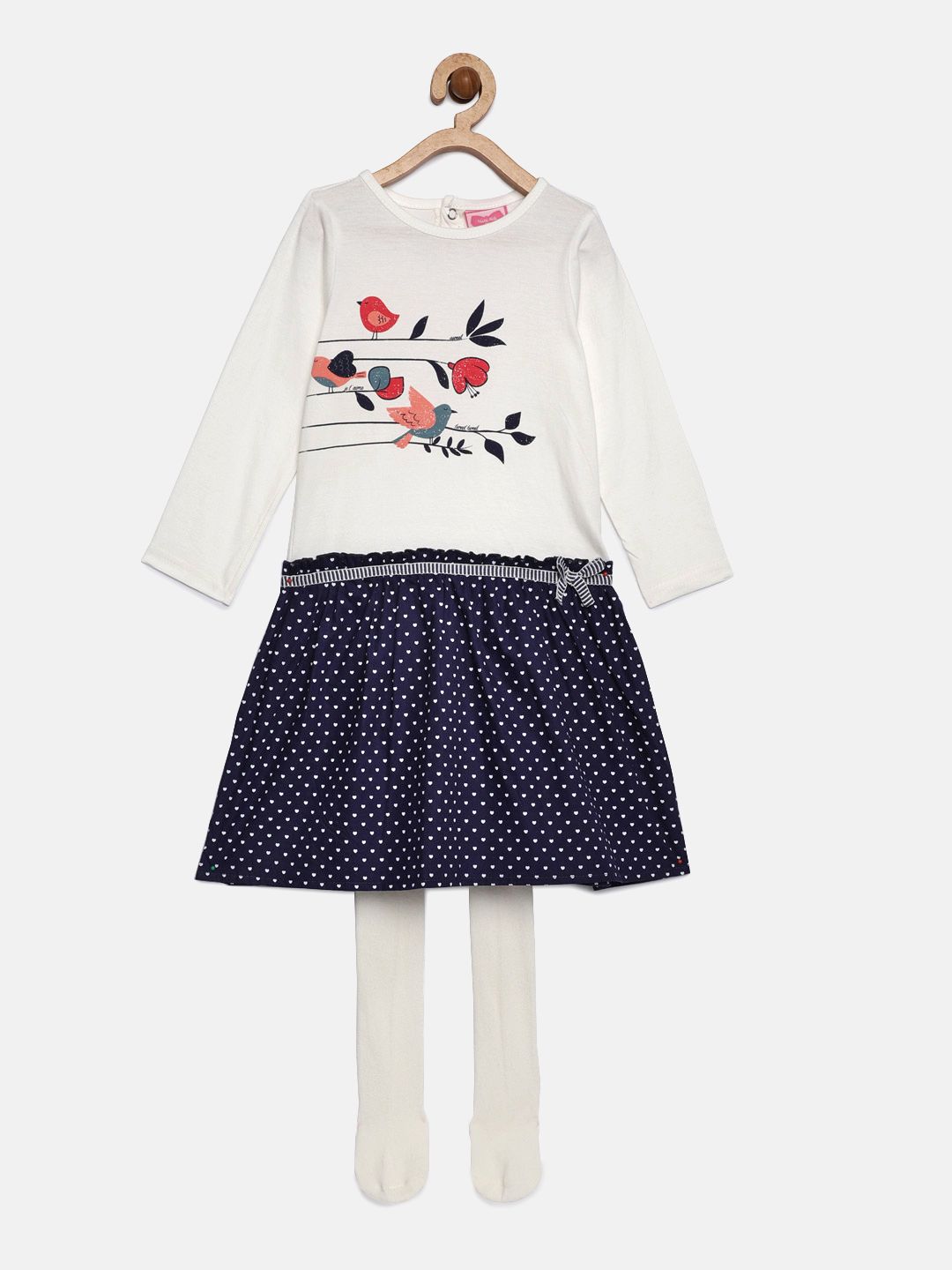 Mini Moi Girls Off-White & Navy Blue Solid Tunic with Leggings