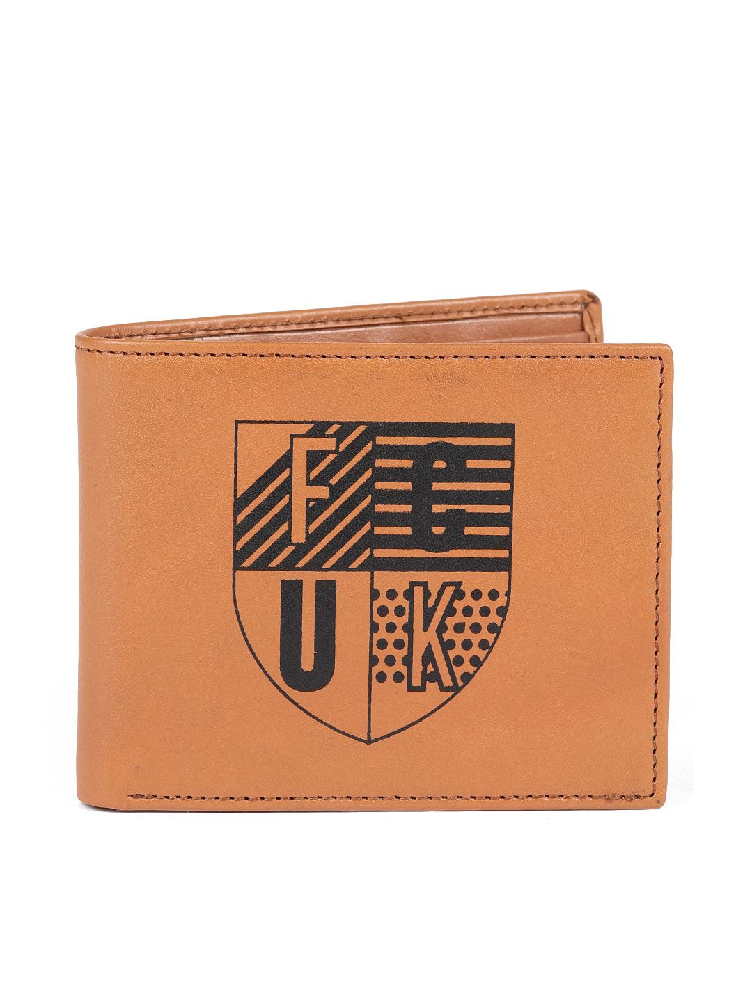 French Connection Men Tan Leather Printed Two Fold Wallet