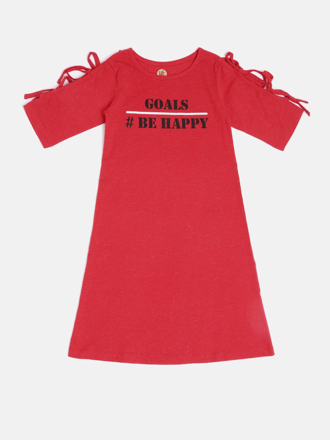 YK Girls Red Solid A-Line Dress with Printed Detail