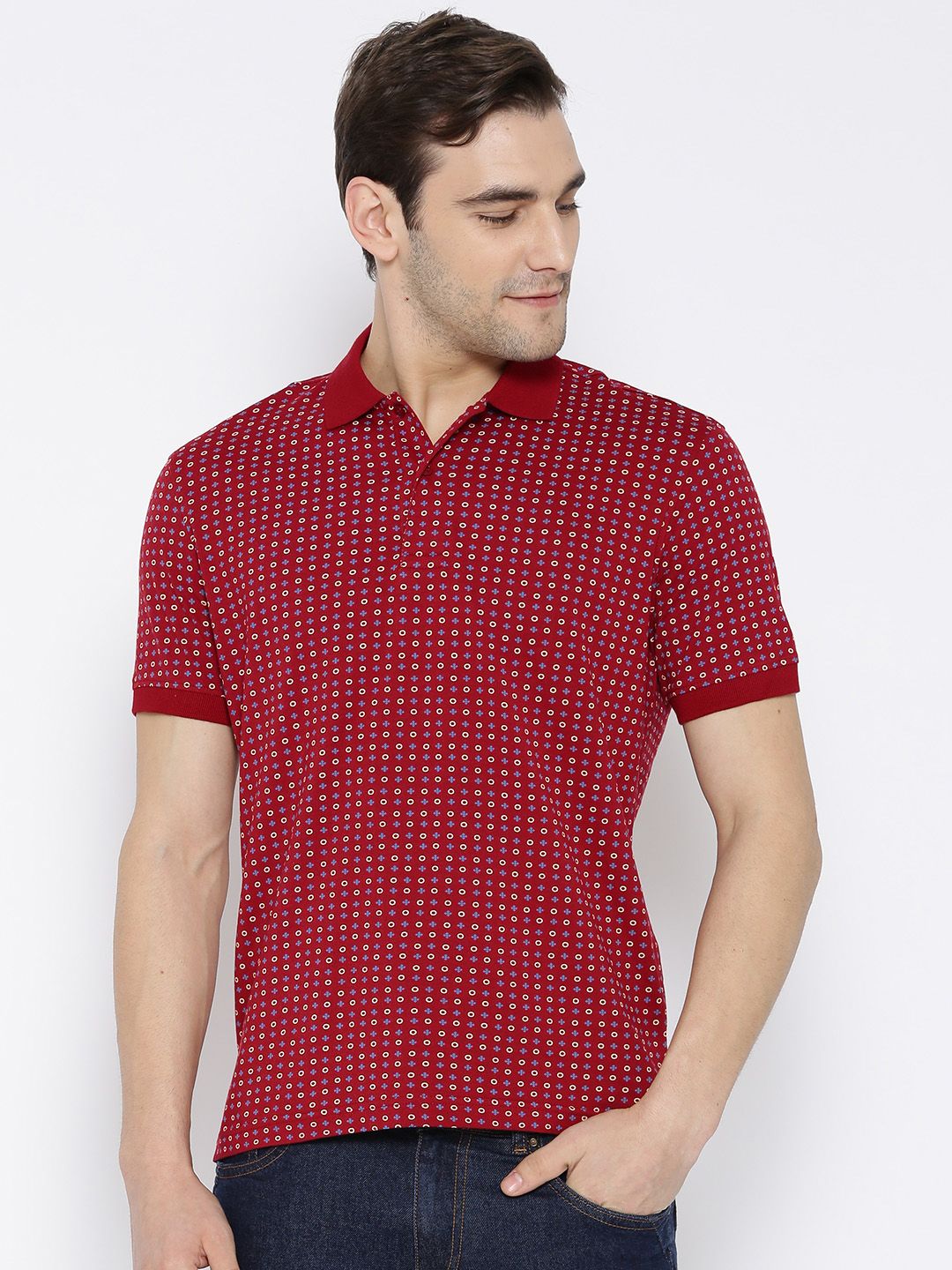 John Players Men Maroon Printed Polo Collar T-shirt