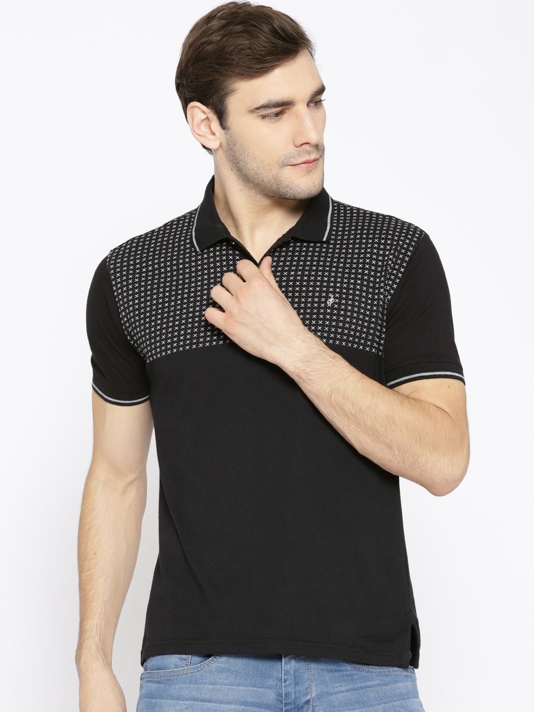 John Players Men Black Self-Design Polo Collar T-shirt
