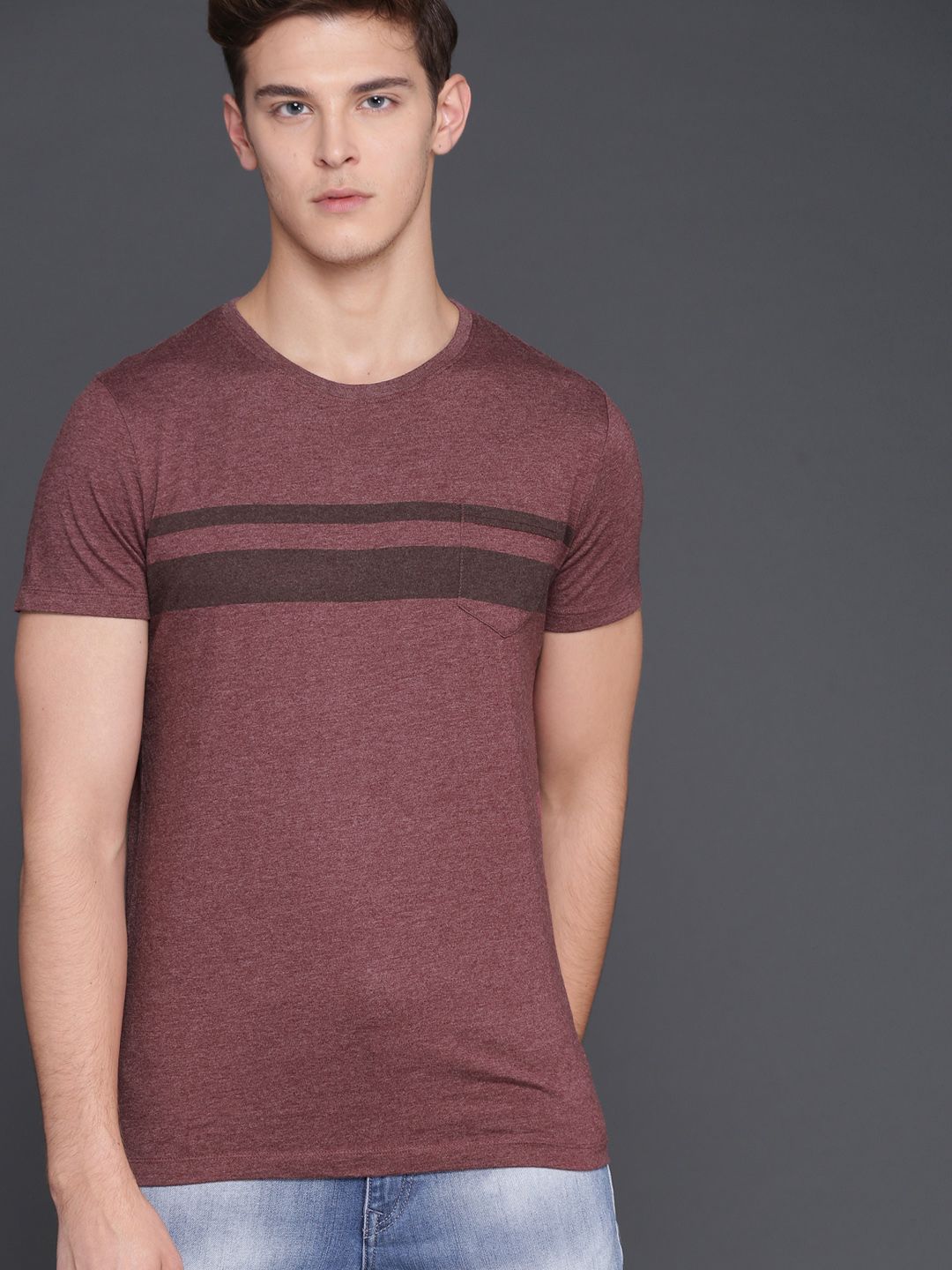 WROGN Men Maroon Striped Round Neck T-shirt