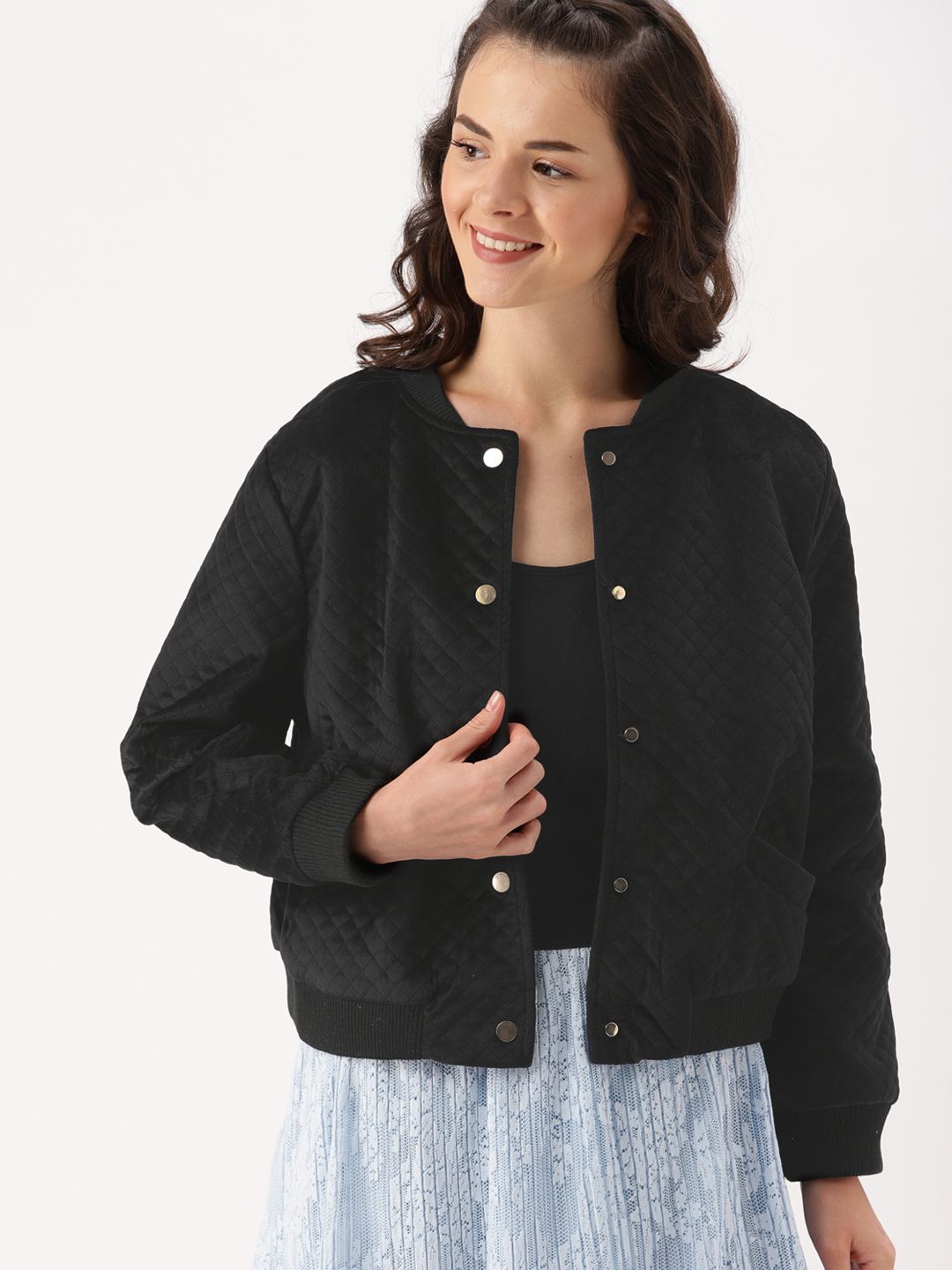 DressBerry Women Black Solid Quilted Jacket