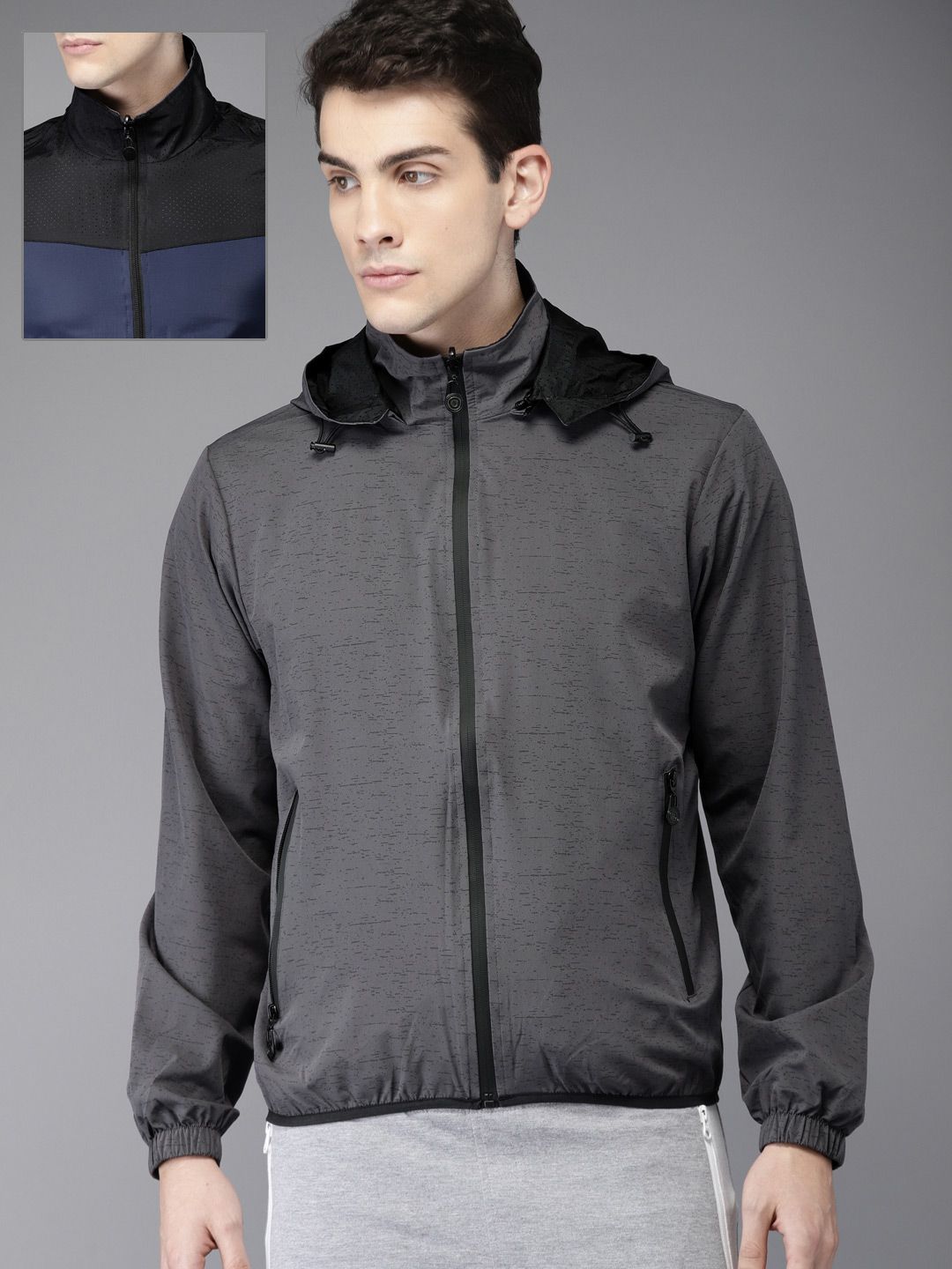 HERE&NOW Men Grey & Blue Printed Reversible Tailored Jacket