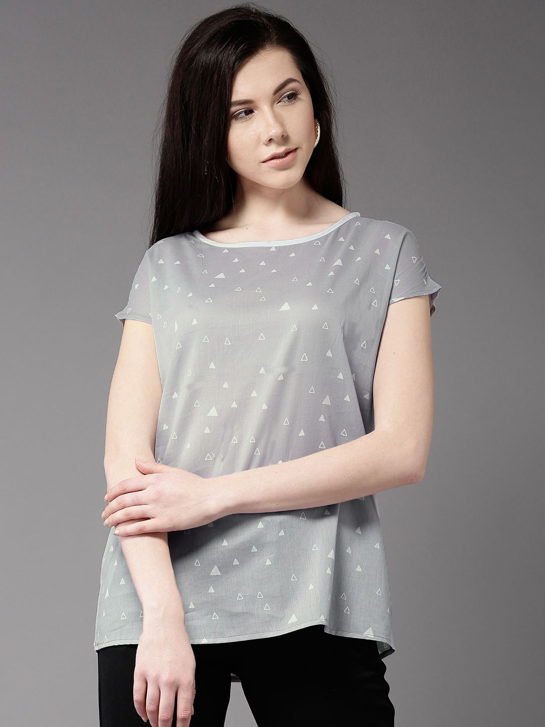Moda Rapido Women Grey Printed Styled Back Pure Cotton Top