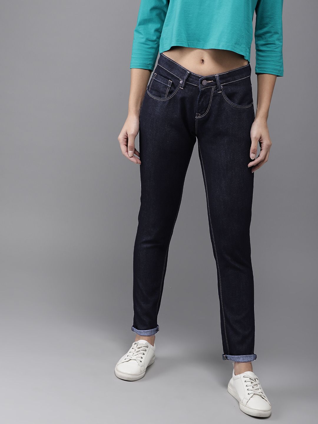 HERE&NOW Women Navy Blue Skinny Fit Mid-Rise Clean Look Jeans