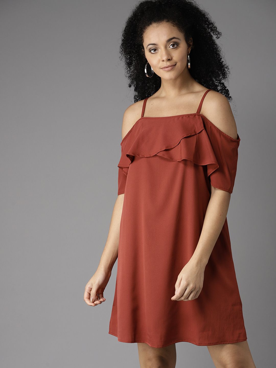 HERE&NOW Women Rust Brown Solid A-Line Dress