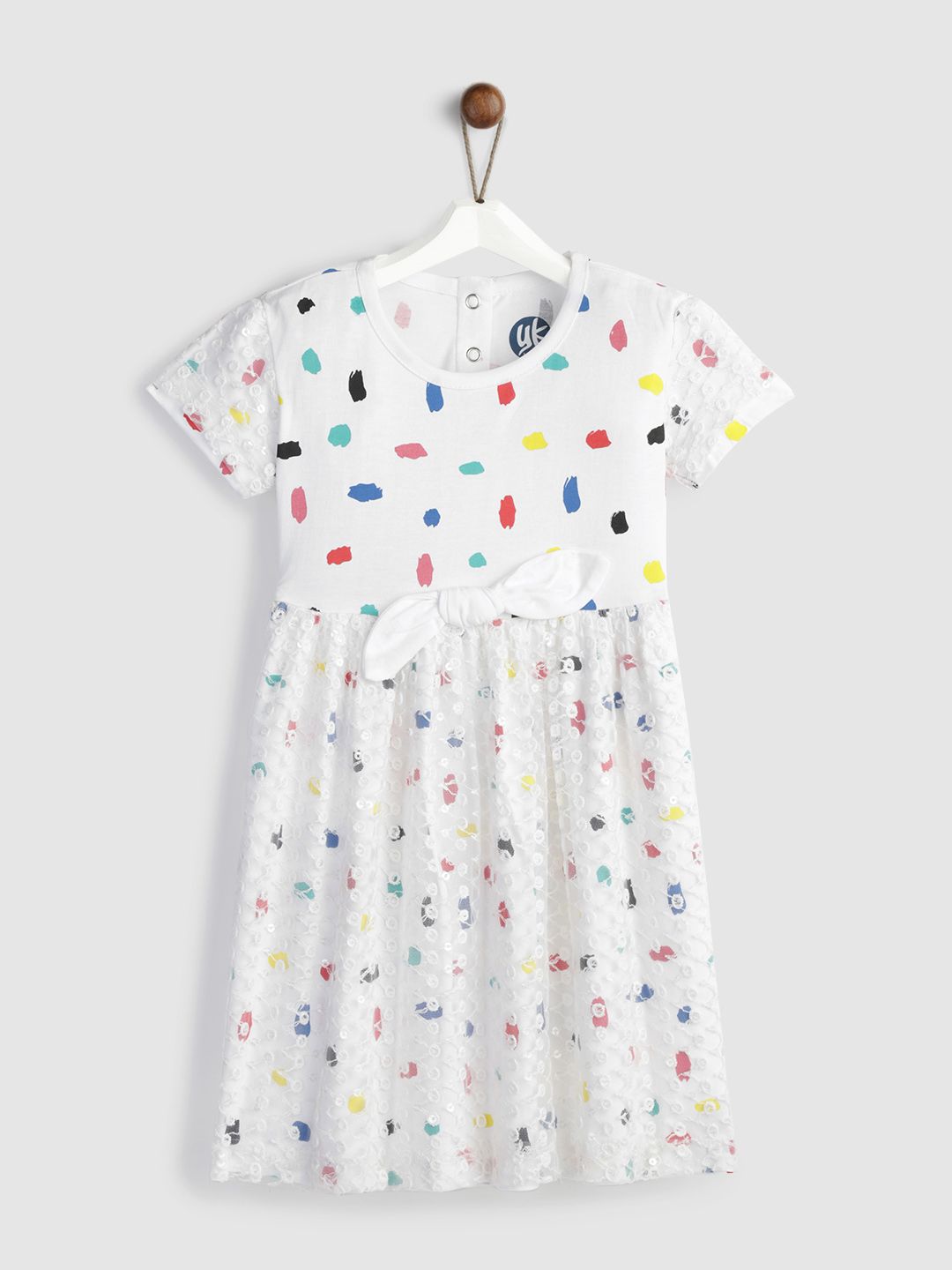 YK Girls White Printed Fit and Flare Dress