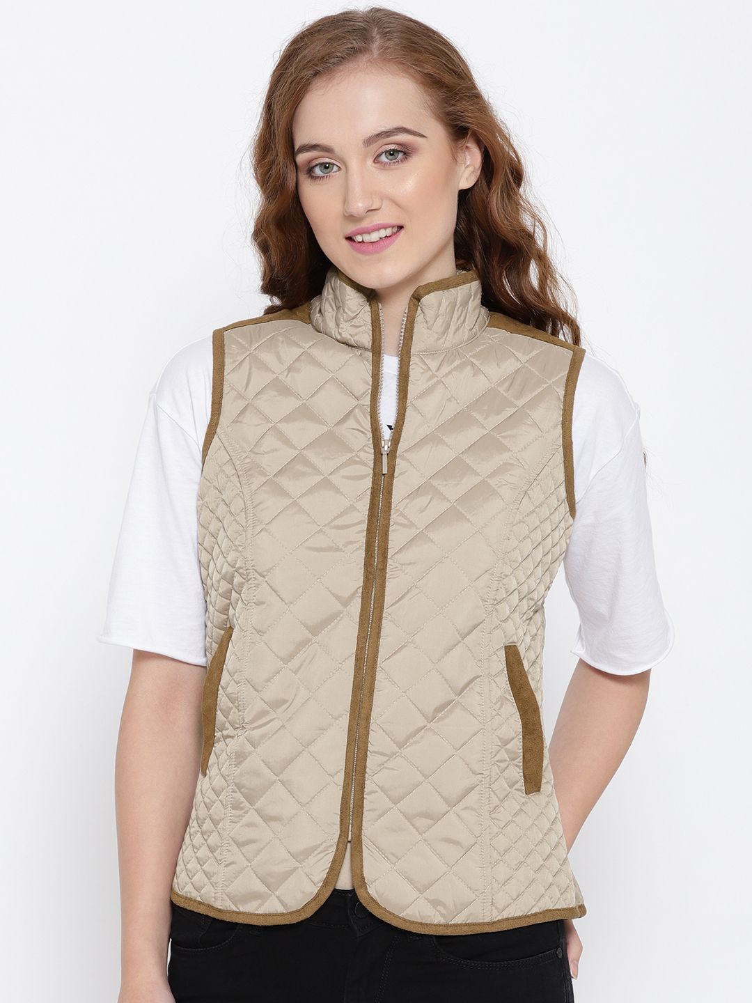Wills Lifestyle Women Beige Solid Quilted Jacket