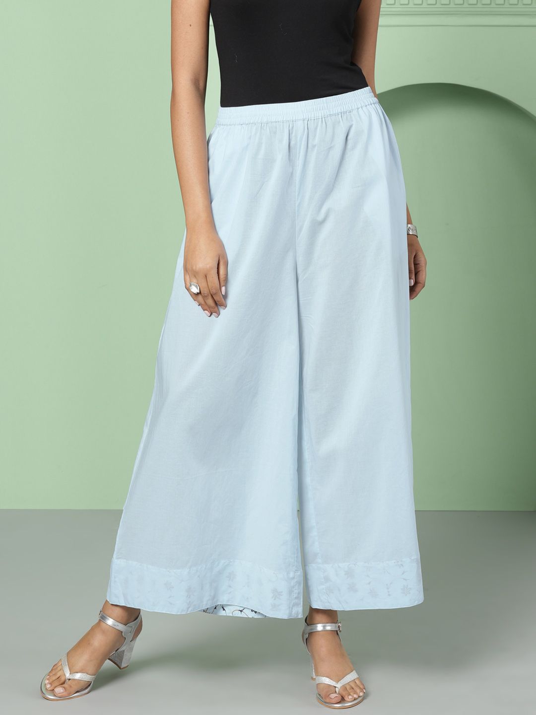 House of Pataudi Women Blue Solid Flared Palazzos