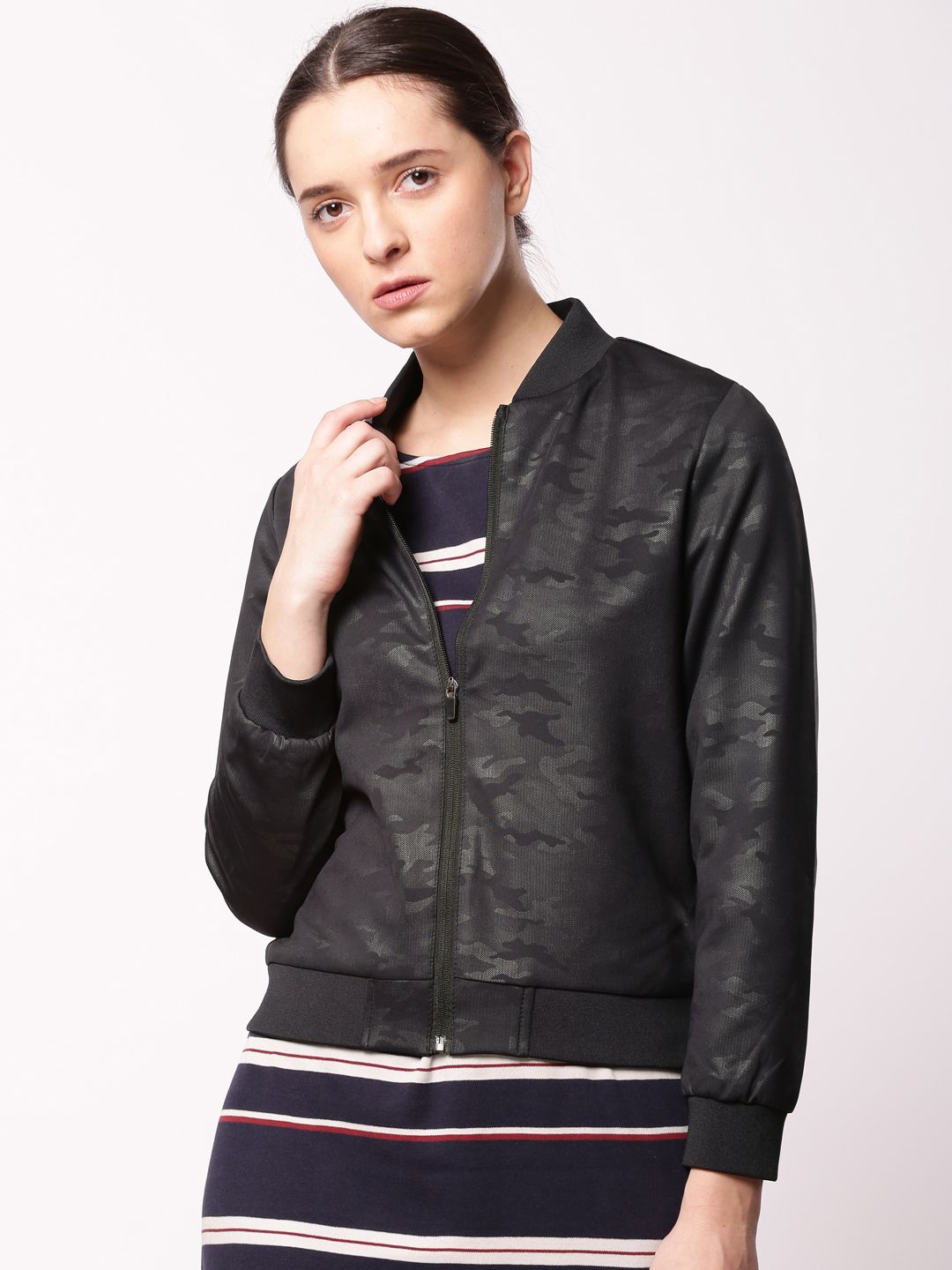ether Women Black Printed Bomber Jacket