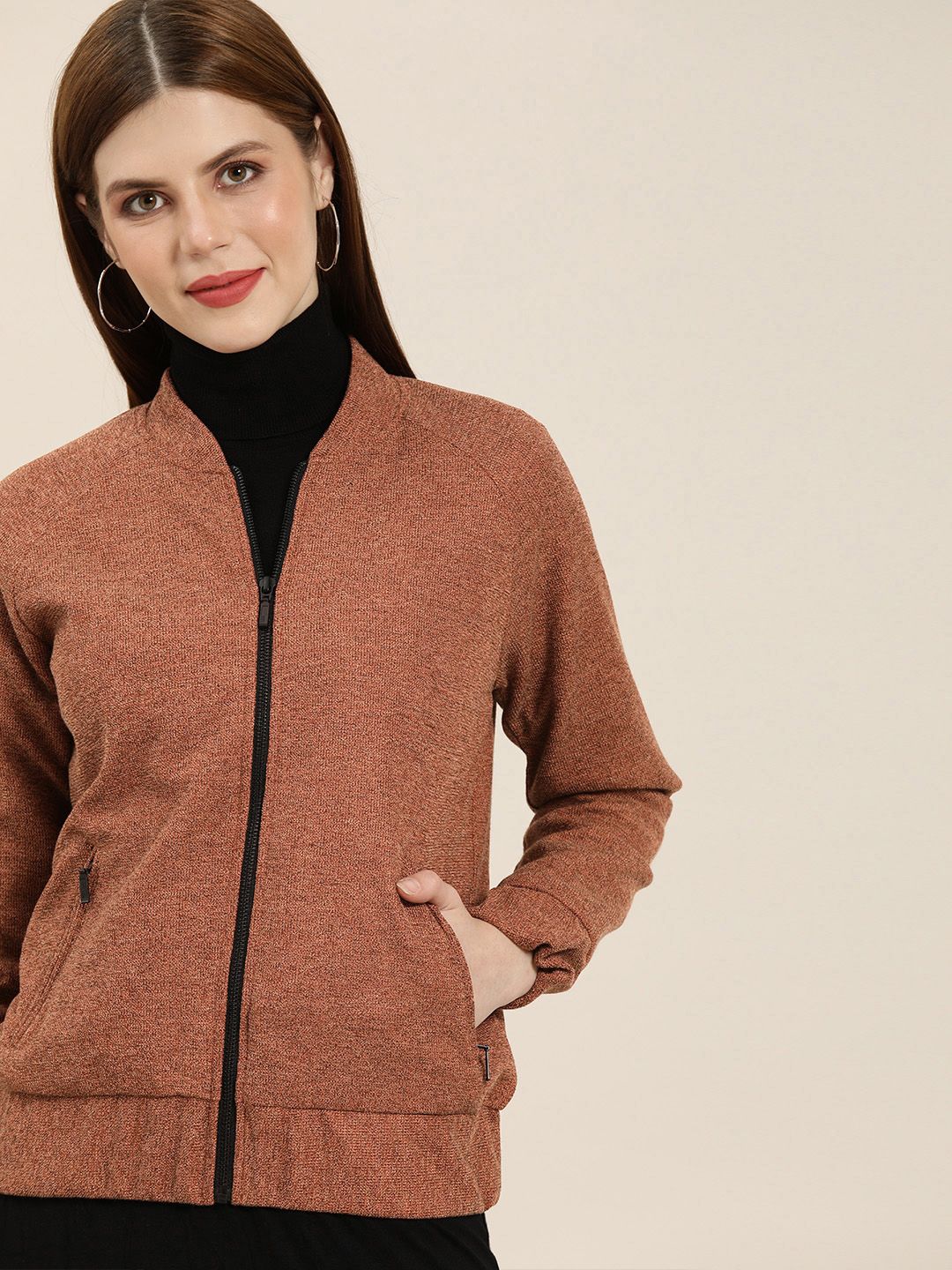 All About You Women Rust Brown Solid Bomber Jacket