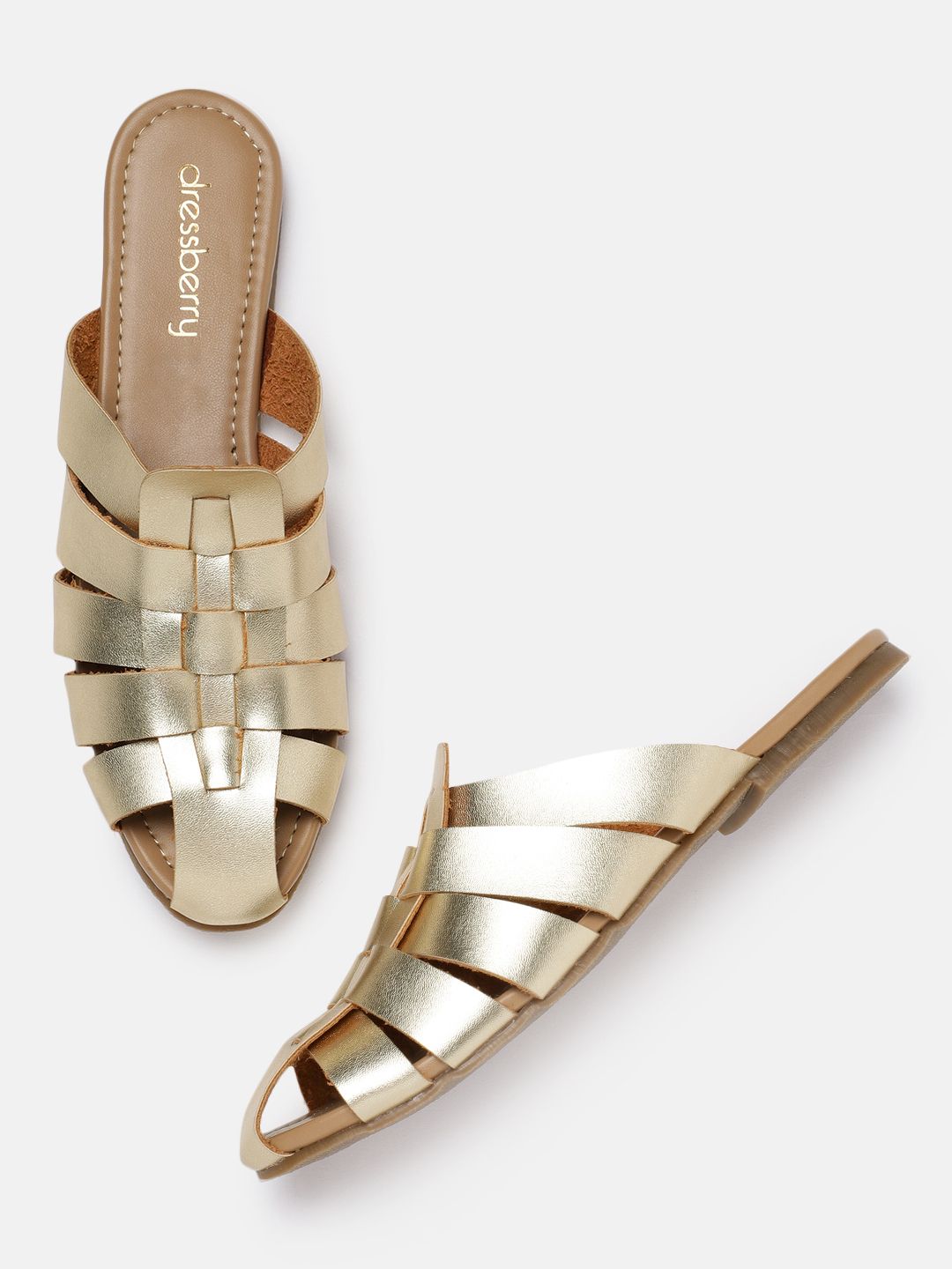 DressBerry Women Gold-Toned Solid Synthetic Open Toe Flats