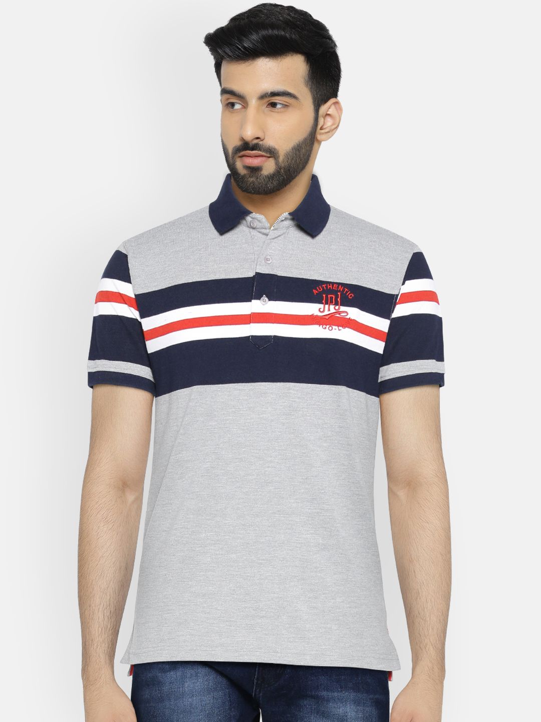 John Players Men Grey Melange & Navy Solid Polo Collar T-shirt