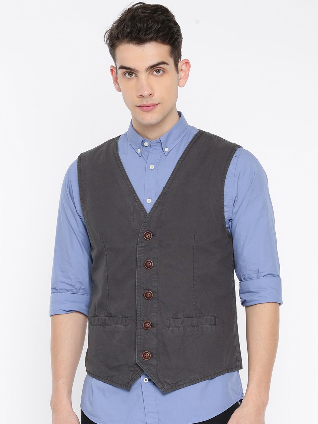 U.S. Polo Assn. Denim Co. Men Charcoal Grey Solid Pure Cotton Waistcoat
