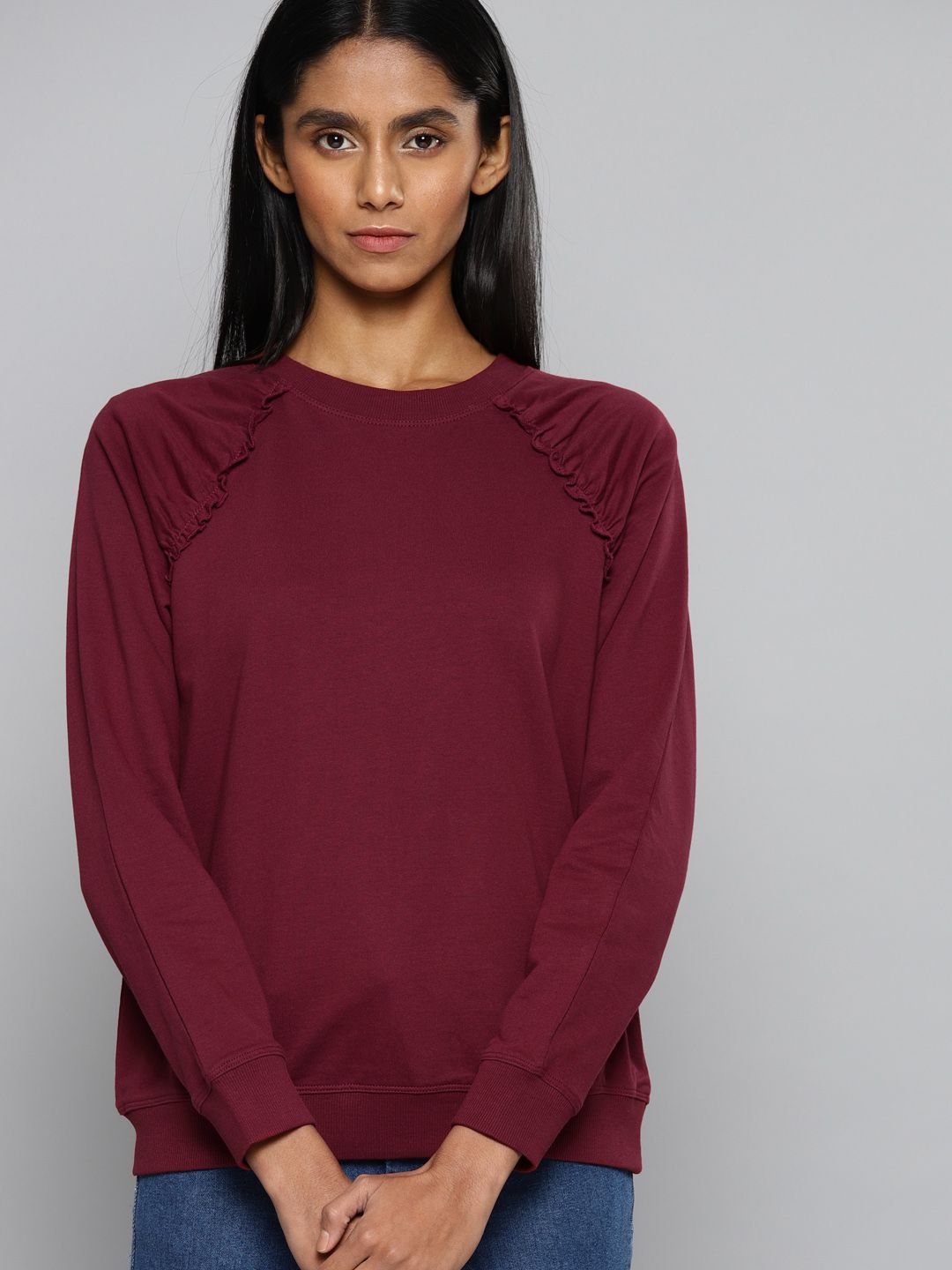 Chemistry Women Maroon Ruffle Detail Sweatshirt