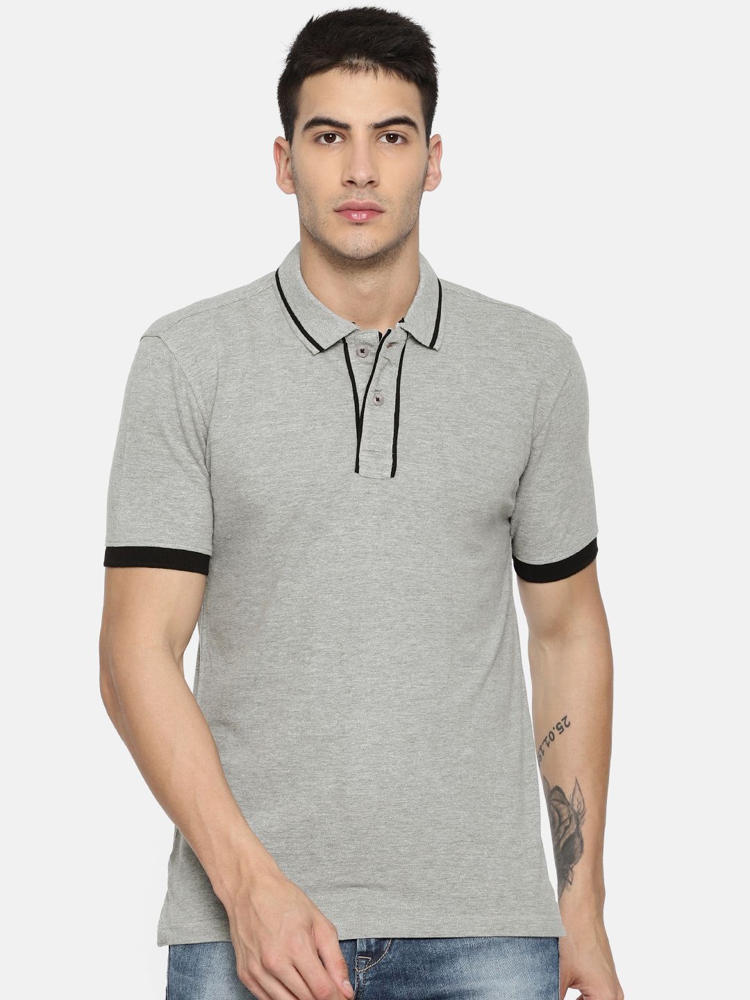 John Players Men Grey Melange Solid Polo Collar T-shirt