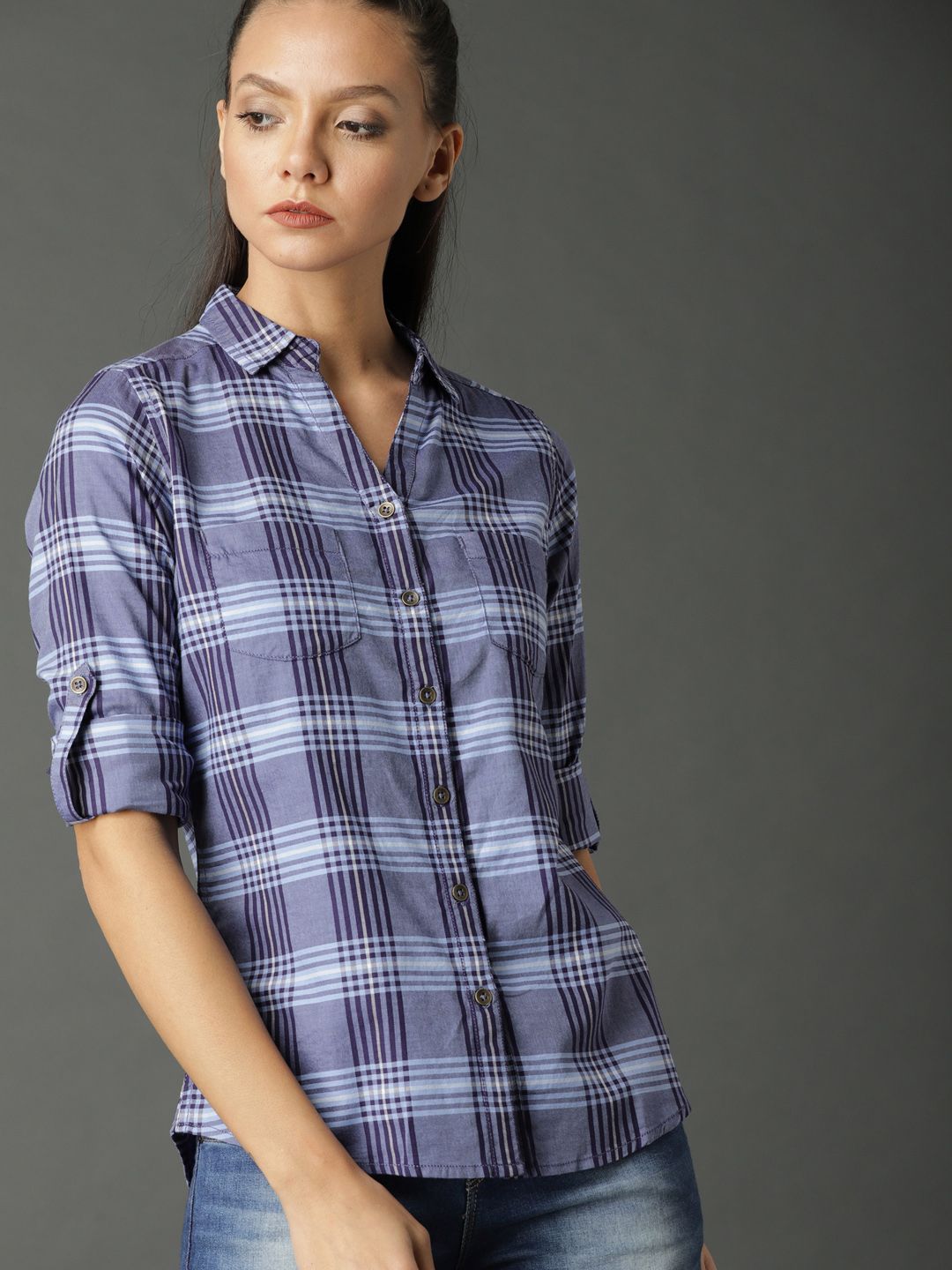 Roadster Women Blue Slim Fit Checked Shirt