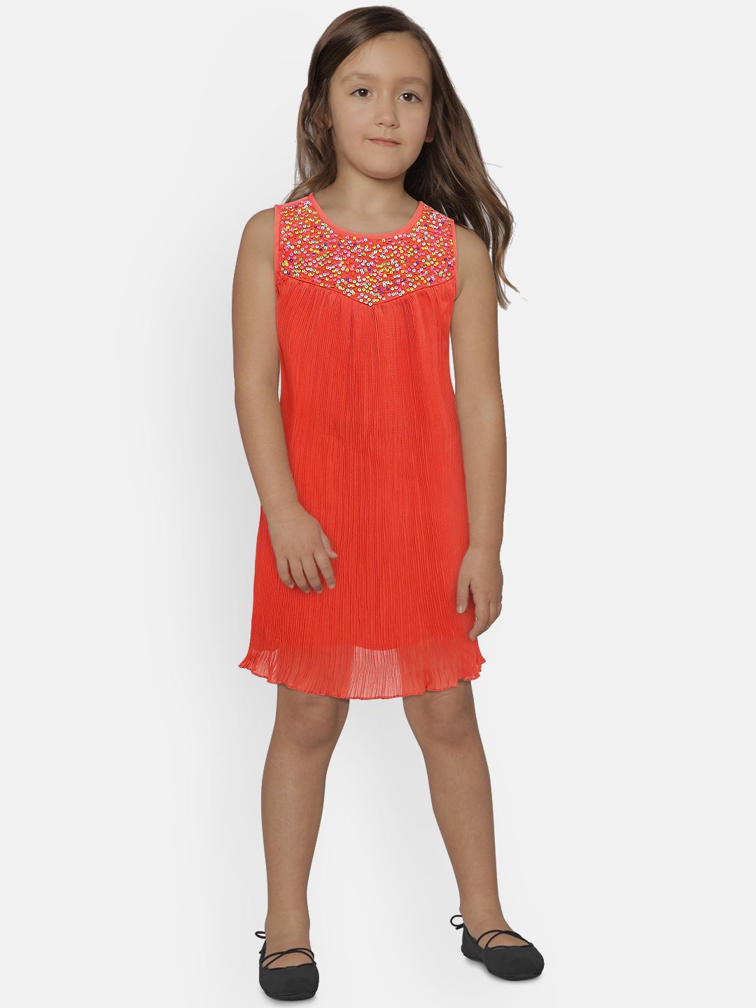 Mini Moi Girls Coral Red Solid Sequin Detailed Fit and Flare Dress