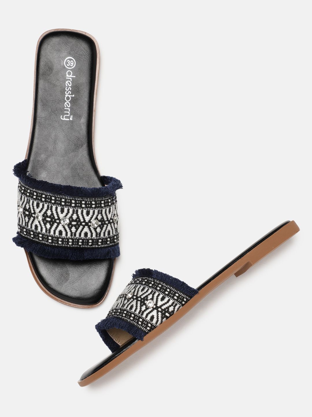 DressBerry Comfort Women Black & Navy Blue Woven Design Open Toe Flats