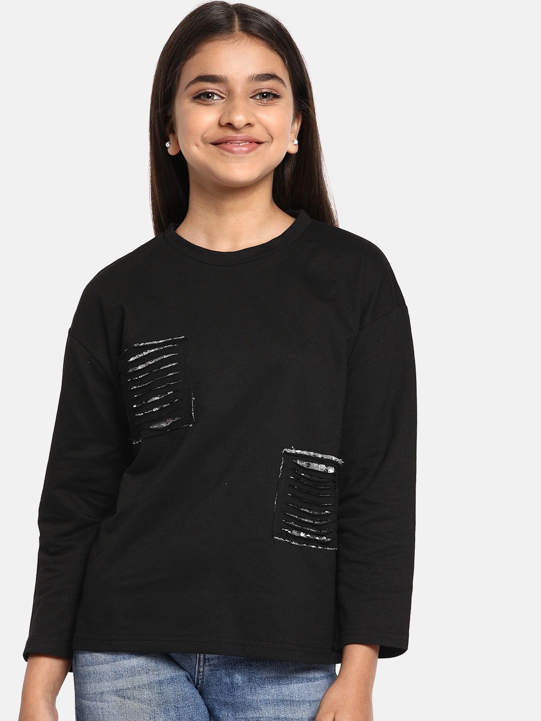 YK Girls Black Solid Round Neck Top with Ripped & Sequinned Detail