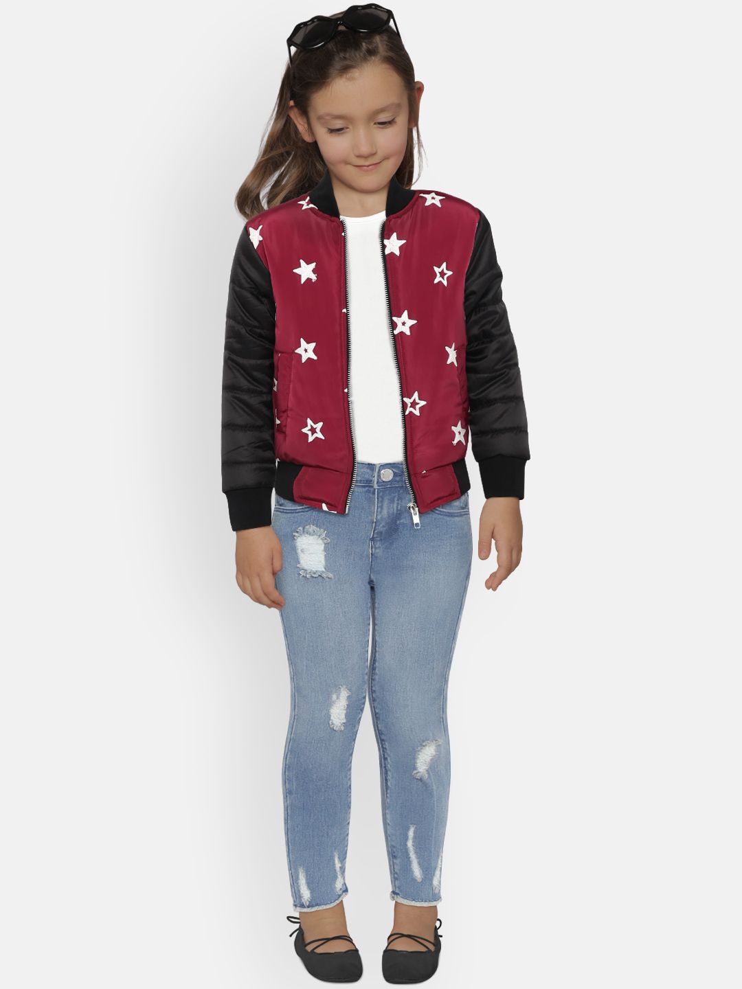 YK Girls Magenta & Black Embroidered Padded Jacket