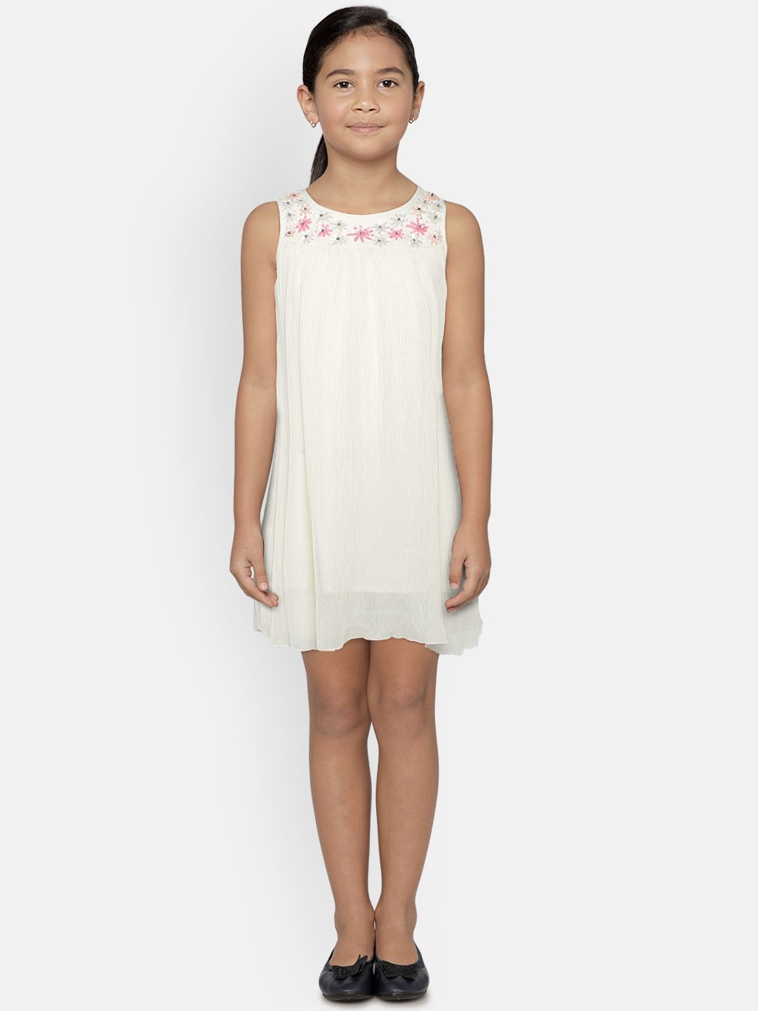 Mini Moi Girls Cream-Coloured Solid A-Line Dress