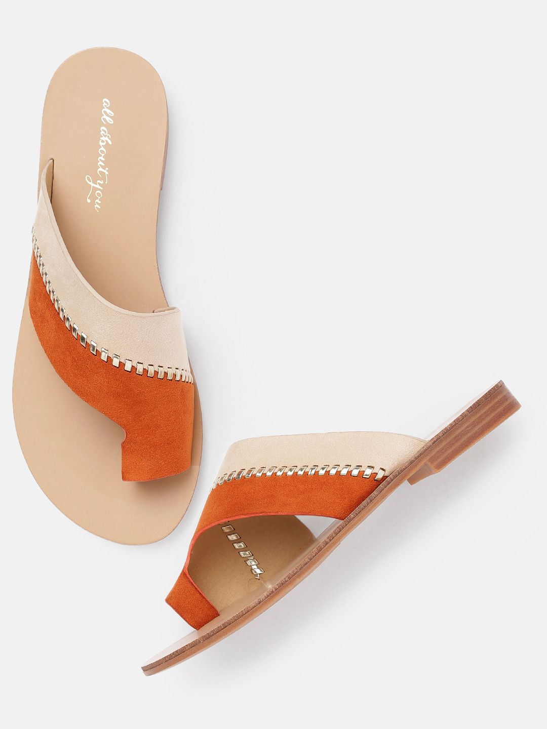 all about you Women Orange & Beige Colourblocked Suede One Toe Flats