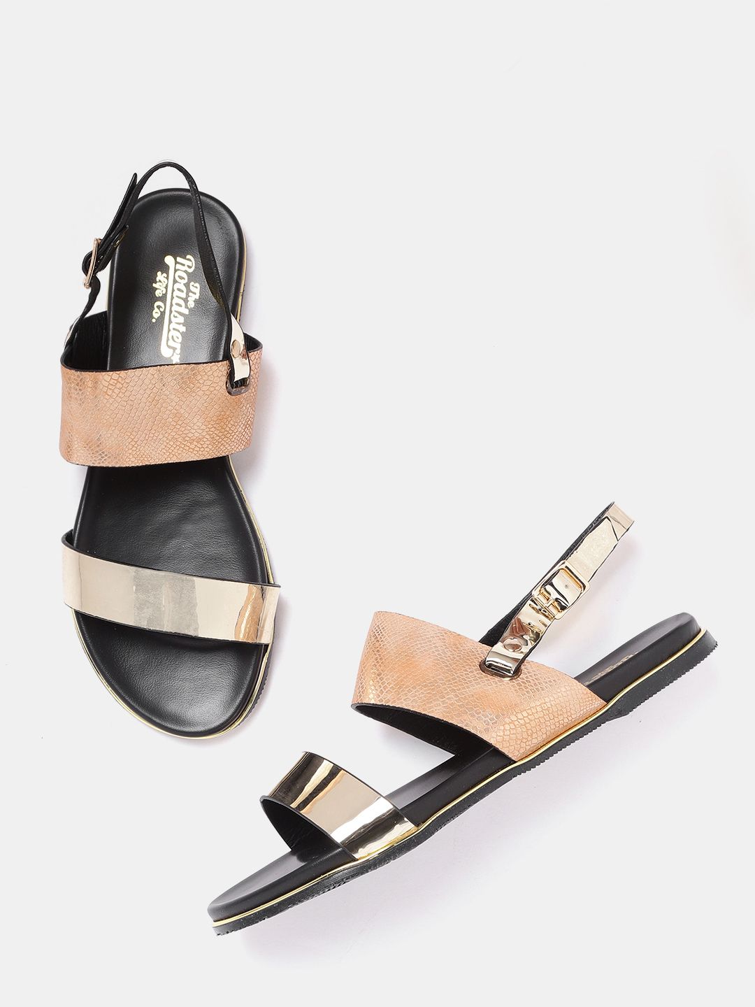 Roadster Women Gold-Toned & Peach-Coloured Colourblocked Open Toe Flats