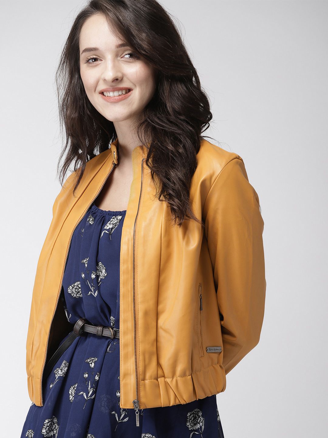 Mast & Harbour Women Mustard Yellow Solid Biker Jacket
