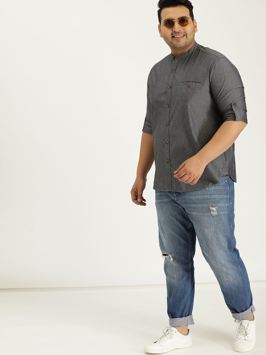Sztori Plus Size Men Charcoal Grey Chambray Solid Casual Shirt