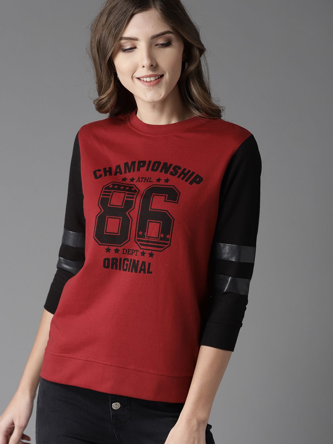 HERE&NOW Women Maroon & Black Printed Sweatshirt