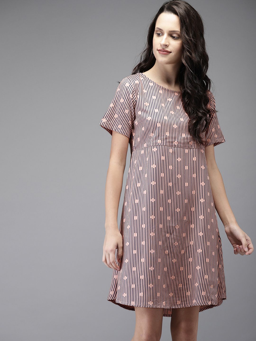 Moda Rapido Women Peach-Coloured & Navy Blue Striped A-Line Dress
