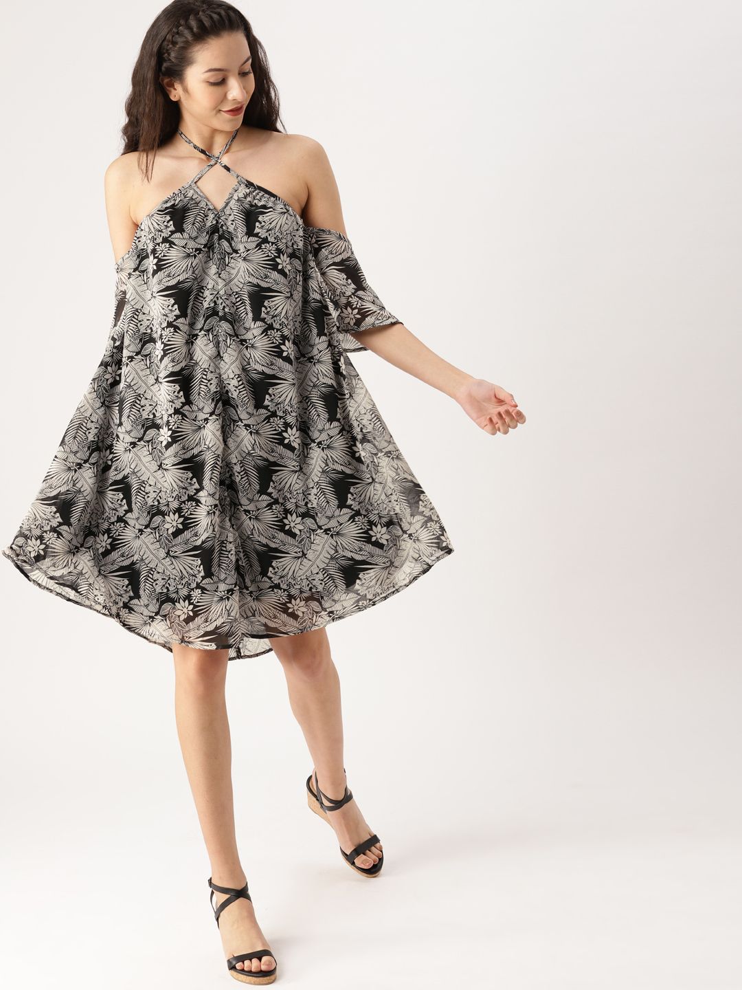 DressBerry Women Black & White Printed A-Line Dress