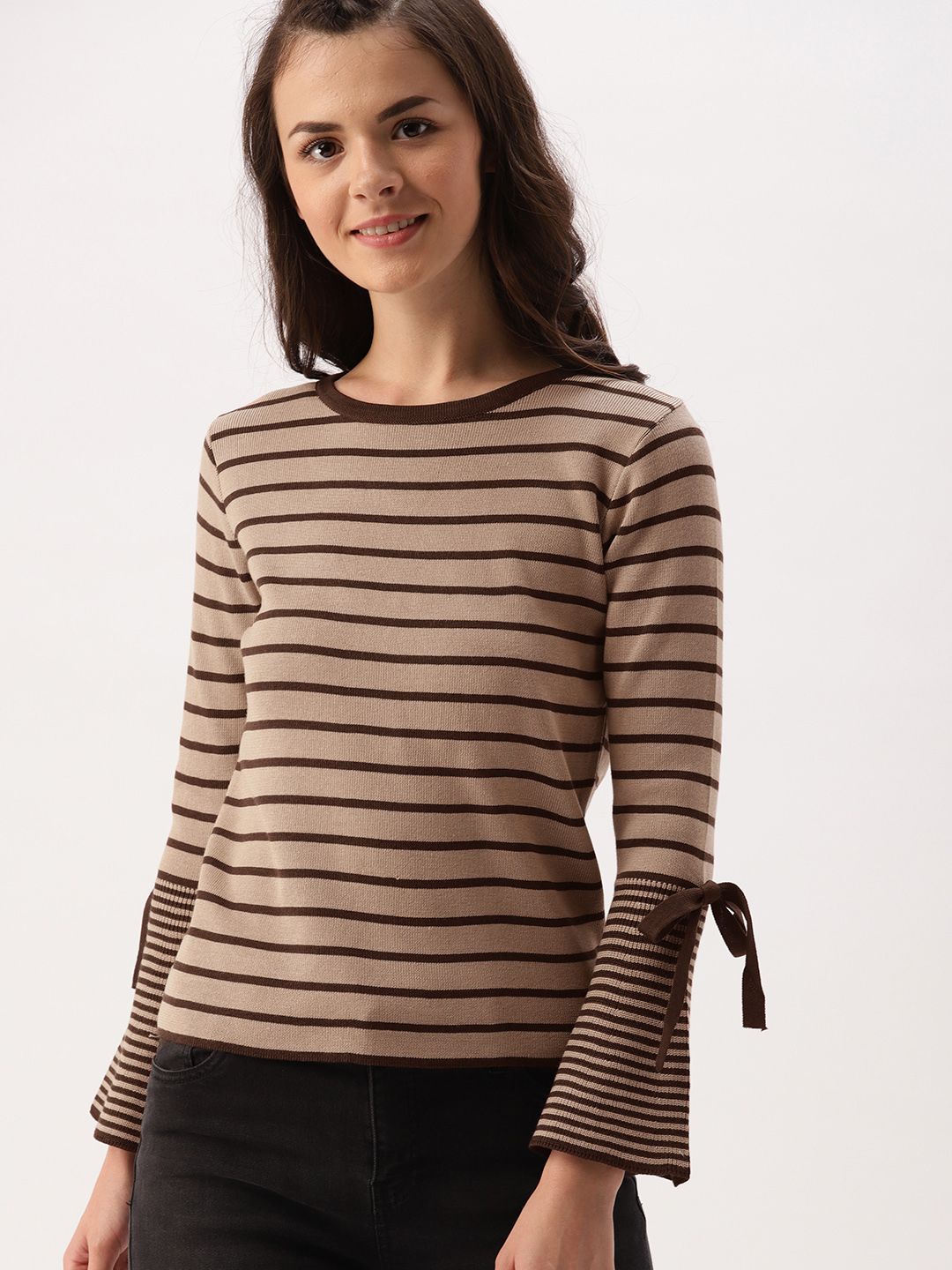 DressBerry Women Beige & Brown Striped Pullover