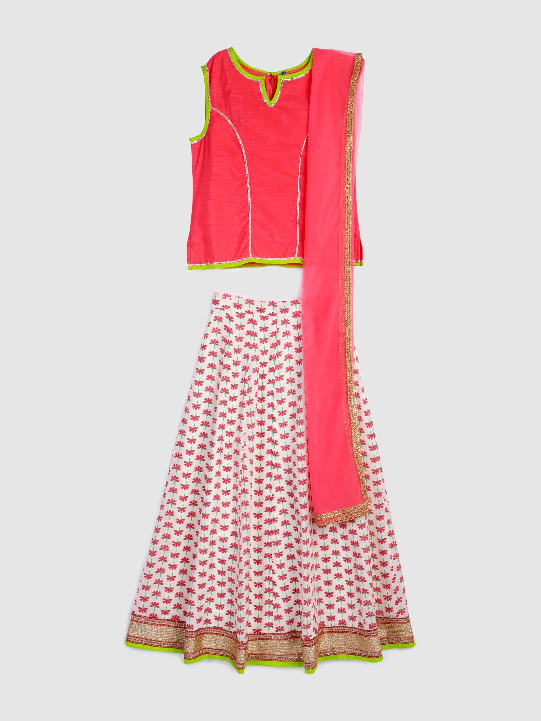 YK Girls Coral & Off-White Ready to Wear Lehenga & Blouse with Dupatta