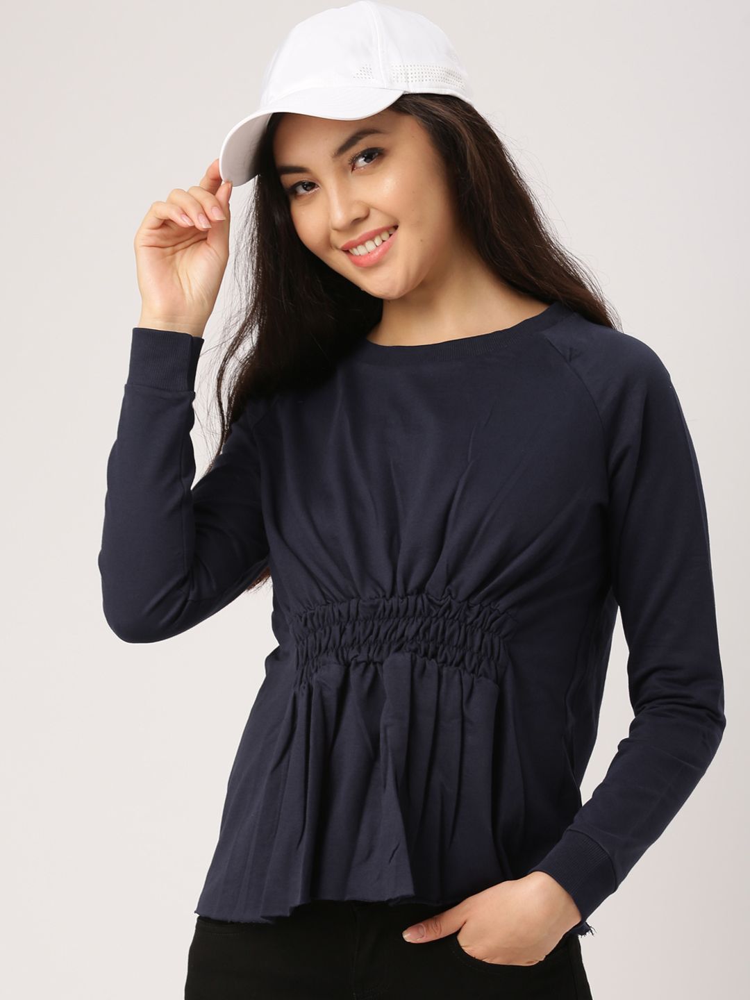 DressBerry Women Navy Blue Solid Cinched Waist Sweatshirt
