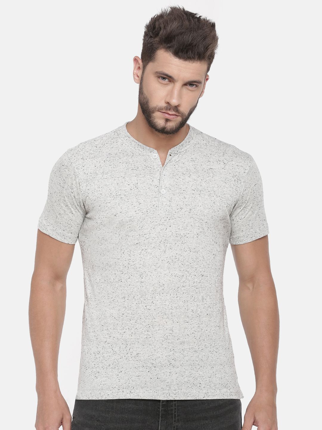 John Players Men Grey Melange Slim Fit Solid Henley Neck Pure Cotton T-shirt