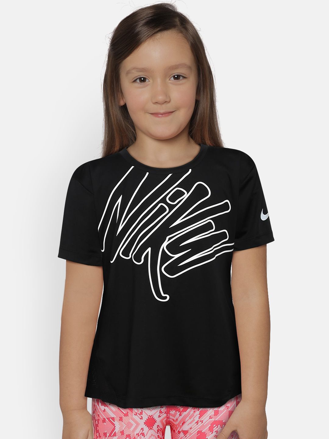 Nike Girls Black Printed DRY TOP RUN Dri-FIT Running Top